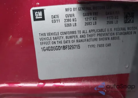 2011 Buick Lacrosse Cxl z USA, uszkodzony, nr VIN 1G4GD5GD1BF329715